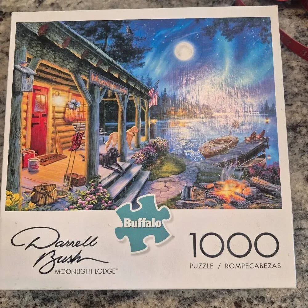Buffalo Games Darrell Bush Moonlight Lodge 1000 pc Jigsaw Puzzle USED